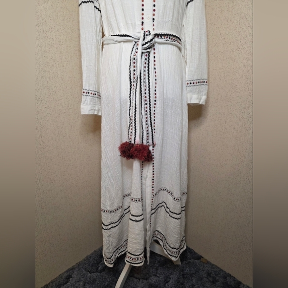 Zara Embroidered Belted White Gauzy Midi Shirt Dress - Picture 4 of 11